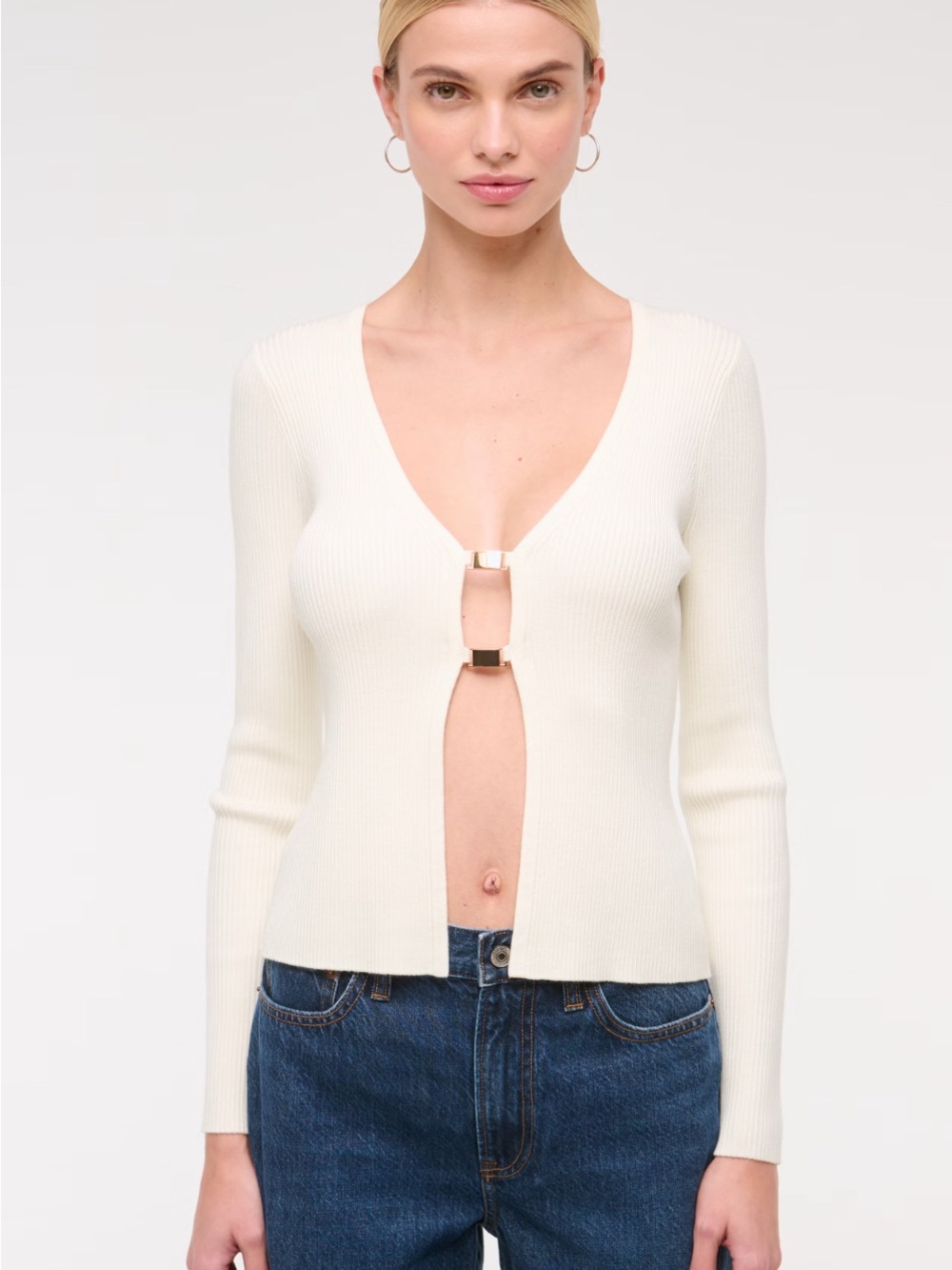 Abercrombie & Fitch Cream Ribbed V-Neck Cardigan with Gold Accents